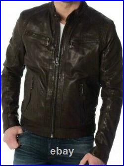 Men's Leather Jacket Brown Full Zippered Genuine Leather Biker Jacket #15
