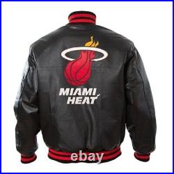 Men's Miami Heat Basketball Team Genuine Black Leather Bomber Jacket