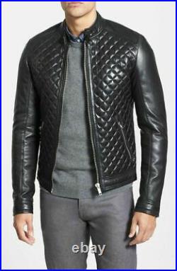 Men's New Full Back & Chest Quilted Genuine Lambskin Leather Jacket Team Leo