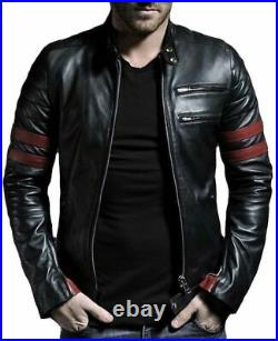 New Men's Black Red Striped Leather Jacket 100% Genuine Leather Motorcycle MJ6