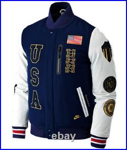 New Nike Dream Team USA = L Large = Leather Sleeves Varsity Jacket 485168-410