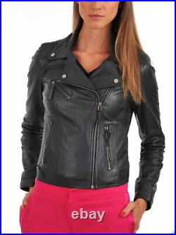 New Women's Black Slim Fit Bikers Motorcycle Jacket Real Lambskin Leather