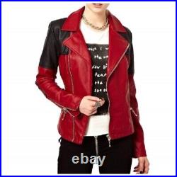Women's Genuine Lambskin Jacket Leather Black & Red Designer Biker Jacket Women