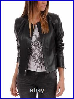Women's Leather Jacket BLACK SLIMMER BUTTONED Real Lambskin LeatherBikers Jacket