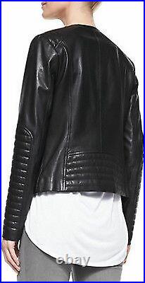 Women's Leather jacket Slim Fit SOLID BLACK QUILTED GenuineLeather Bikers Jacket